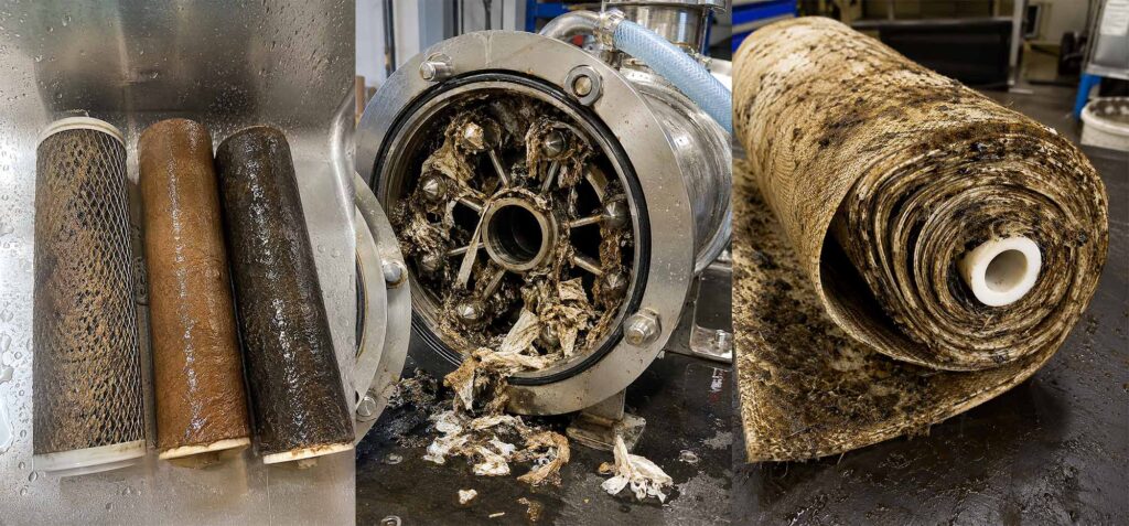Industrial pipe showing signs of fouling and clogging before treatment.